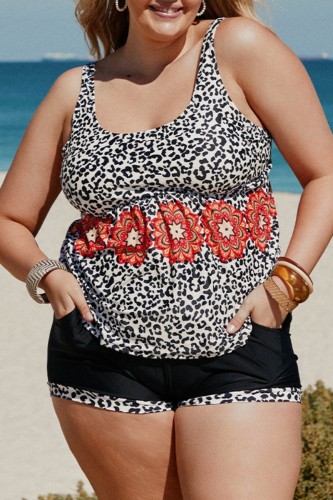 Leopard Print Sexy Casual Print Leopard Backless Spaghetti Strap Plus Size Swimwear (With Paddings)