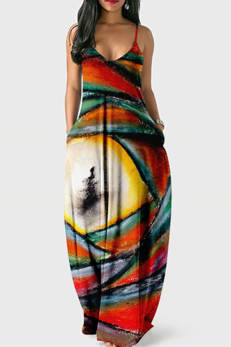 Colour Casual Print Patchwork Spaghetti Strap Sling Dress Dresses