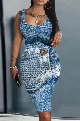 Peacock Blue Casual Print Basic U Neck Vest Dress Dresses