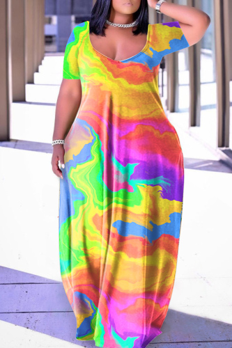 Orange Yellow Casual Print Patchwork V Neck Short Sleeve Dress