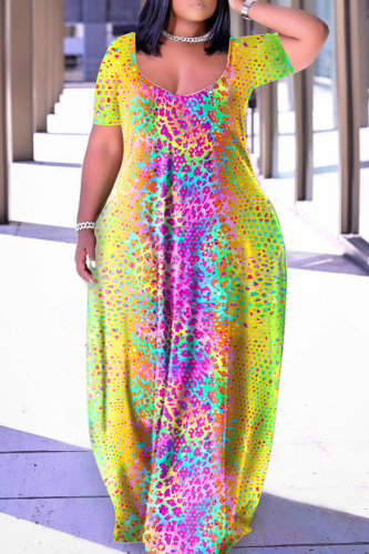 Yellow Casual Print Basic V Neck Short Sleeve Dress Dresses