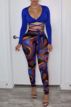 Blue Fashion Sexy Print Bandage V Neck Long Sleeve Two Pieces