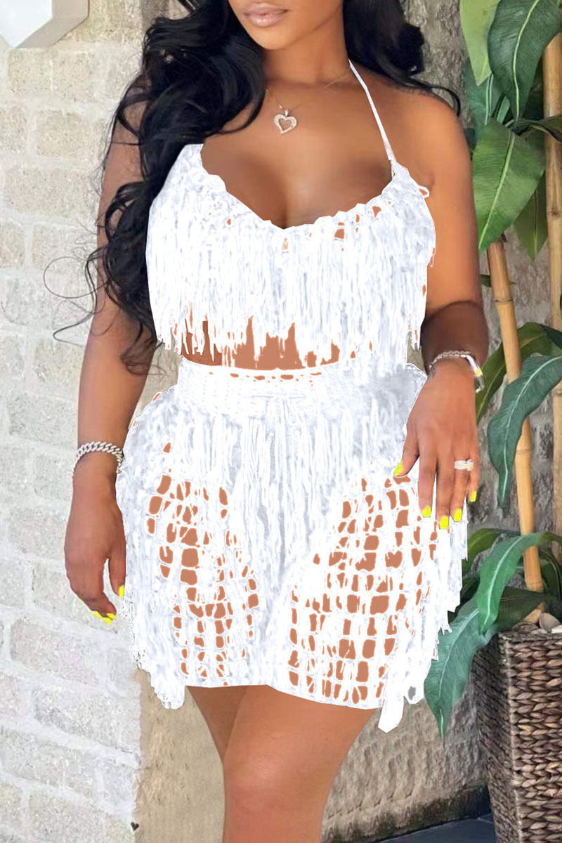 Casual Vacation Solid Tassel Hollowed Out See-through Halter Sleeveless Two Pieces