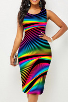Colour Casual Striped Print Patchwork O Neck Pencil Skirt Dresses