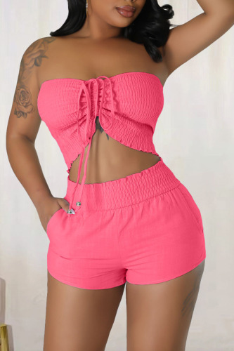 Rose Red Sexy Solid Bandage Patchwork Strapless Sleeveless Two Pieces