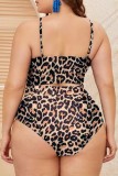 Burgundy Sexy Solid Leopard Patchwork See-through O Neck Plus Size Swimwear