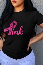 Black Casual Print Letter O Neck T-Shirts