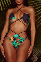 Black Sexy Print Bandage Backless Swimwears (With Paddings)