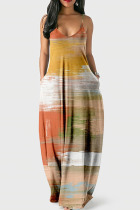 Orange Yellow Casual Print Patchwork Spaghetti Strap Sling Dress Dresses