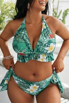 Green Sexy Print Bandage Backless Halter Plus Size Swimwear (With Paddings)