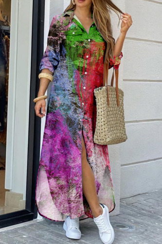 Colour Casual Street Print Patchwork Buckle Turndown Collar Shirt Dress Dresses