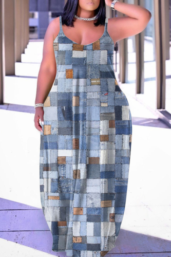 Gray Blue Sexy Casual Print Backless Spaghetti Strap Long Dress Dresses