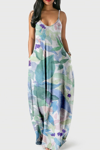 Lake Green Casual Print Patchwork Spaghetti Strap Sling Dress Dresses