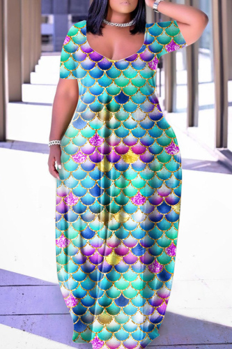 Cyan Casual Print Basic V Neck Short Sleeve Dress Dresses