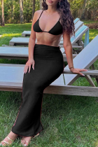 Black Sexy Solid Bandage Backless Swimsuit Three Piece Set