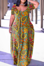 Orange Casual Print Basic V Neck Short Sleeve Dress Dresses
