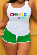 White Green Casual Print Letter O Neck Plus Size Two Pieces