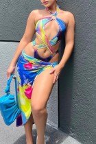 Multicolor Sexy Print Tie Dye Bandage Hollowed Out Backless Swimwears (With Paddings)