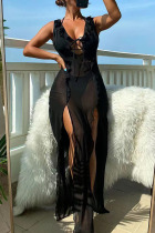 Black Sexy Solid Bandage Patchwork See-through Slit 3 Piece Sets