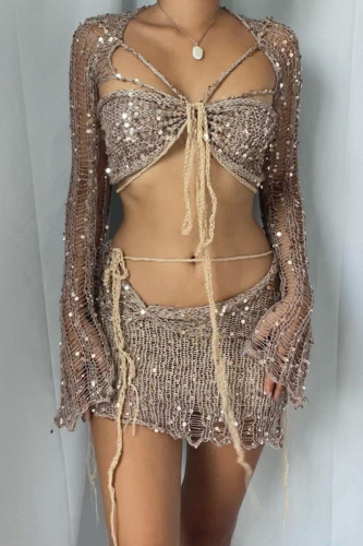 Camel Sexy Solid Bandage Sequins Patchwork See-through Asymmetrical Collar Long Sleeve Three Pieces