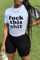 White Casual Print Patchwork Letter O Neck Short Sleeve Two Pieces