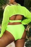 Fluorescent Yellow Sexy Solid Hollowed Out Patchwork O Neck Plus Size Swimwear Set (With Paddings)
