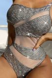 Silver Sexy Solid Hollowed Out Patchwork See-through Asymmetrical Swimwears