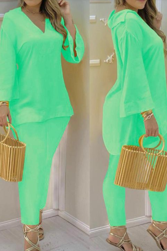 Fluorescent Green Casual Solid Patchwork V Neck Long Sleeve Two Pieces