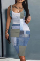 Ink Green Casual Print Basic U Neck Vest Dress Dresses