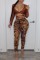 Coffee Fashion Sexy Print Bandage V Neck Long Sleeve Two Pieces