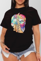 Black Casual Print Basic O Neck T-Shirts