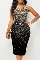 Gold Casual Print Patchwork O Neck Pencil Skirt Dresses
