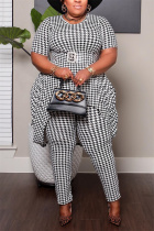 Black White Plus Size Casual Daily Plaid Printing O Neck