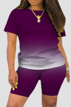 Purple Casual Gradual Change Print Patchwork O Neck Plus Size Two Pieces
