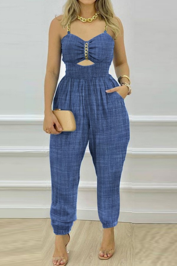 Blue Sexy Casual Solid Hollowed Out Backless Spaghetti Strap Skinny Jumpsuits