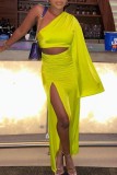 Fluorescent Yellow Sexy Solid Hollowed Out Slit Oblique Collar Long Dress Dresses