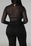 Apricot Sexy Patchwork Hot Drilling See-through Half A Turtleneck Tops