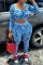 Blue Casual Letter Basic U Neck Long Sleeve Two Pieces