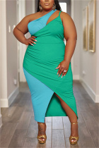 Green Sexy Solid Patchwork Slit Contrast One Shoulder Sleeveless Dress Plus Size