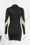 Black Sexy Patchwork See-through O Neck Long Sleeve Dresses