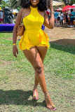 Yellow Sexy Solid Flounce Halter Skinny Rompers