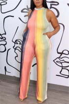 Colour Casual Simplicity Striped Printing Halter Regular Jumpsuits