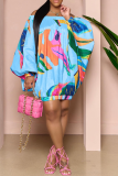 Sky Blue Casual Print Patchwork Off the Shoulder Straight Dresses