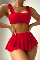 Red Sexy Solid Backless Swimsuit Three Piece Set (With Paddings)