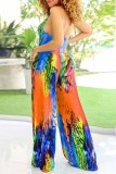Rose Red Sexy Casual Print Tie Dye Bandage Backless Halter Regular Jumpsuits