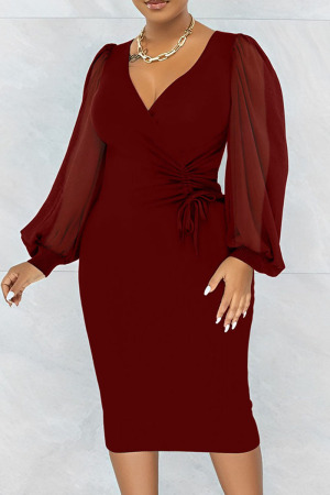 Burgundy Casual Solid Patchwork Draw String Fold V Neck One Step Skirt Dresses