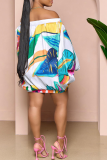 Sky Blue Casual Print Patchwork Off the Shoulder Straight Dresses