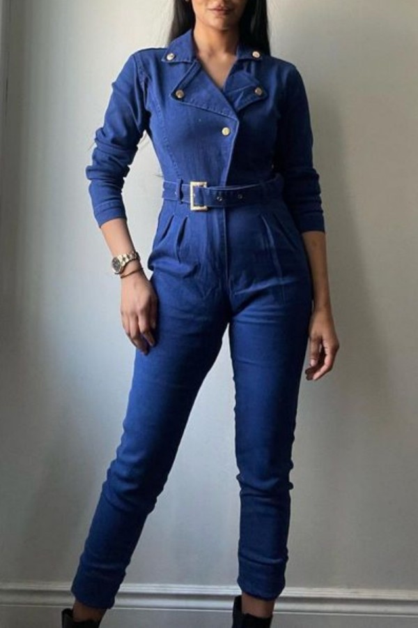 Dark Blue Fashion Casual Solid With Belt V Neck Skinny Jumpsuits