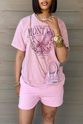 Pink Casual Street Print Patchwork O Neck Short Sleeve Two Pieces