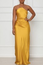 Yellow Sexy Solid Backless V Neck Long Dress Dresses